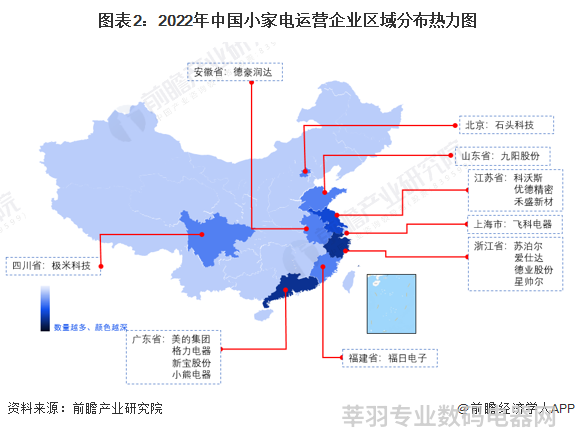 图表2：2022年中国小家电运营企业区域分布热力图